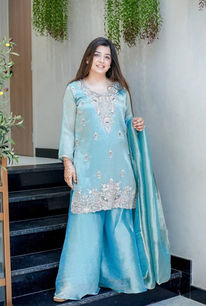 Sky blue pure silky silk with embroidery sequence work top bottom and dupatta set
