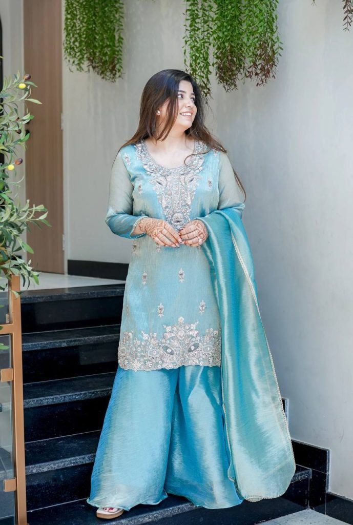 Sky blue pure silky silk with embroidery sequence work top bottom and dupatta set