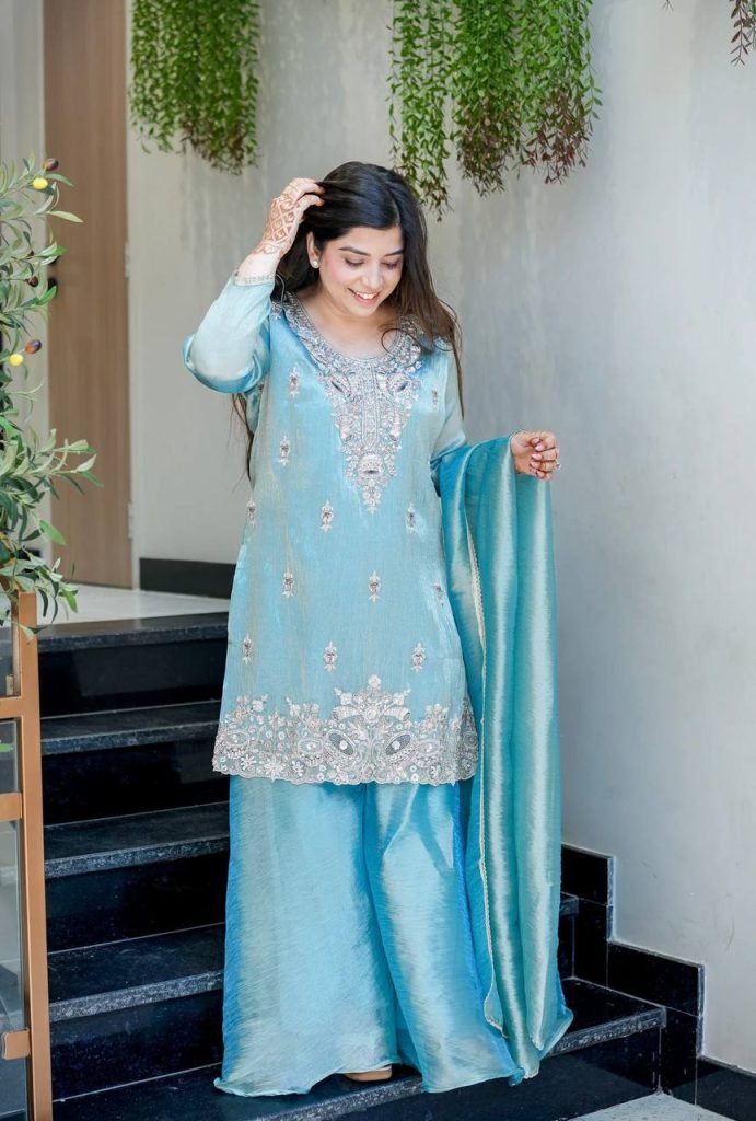 Sky blue pure silky silk with embroidery sequence work top bottom and dupatta set