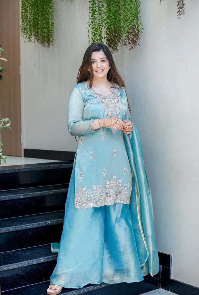 Sky blue pure silky silk with embroidery sequence work top bottom and dupatta set