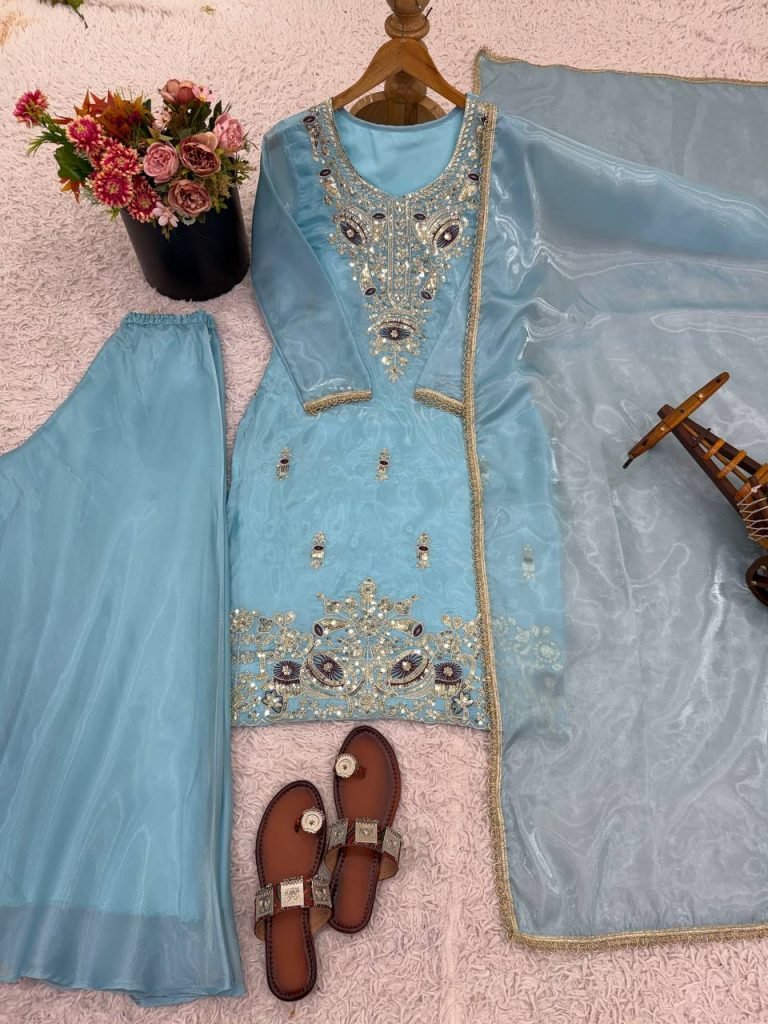 Sky blue pure silky silk with embroidery sequence work top bottom and dupatta set