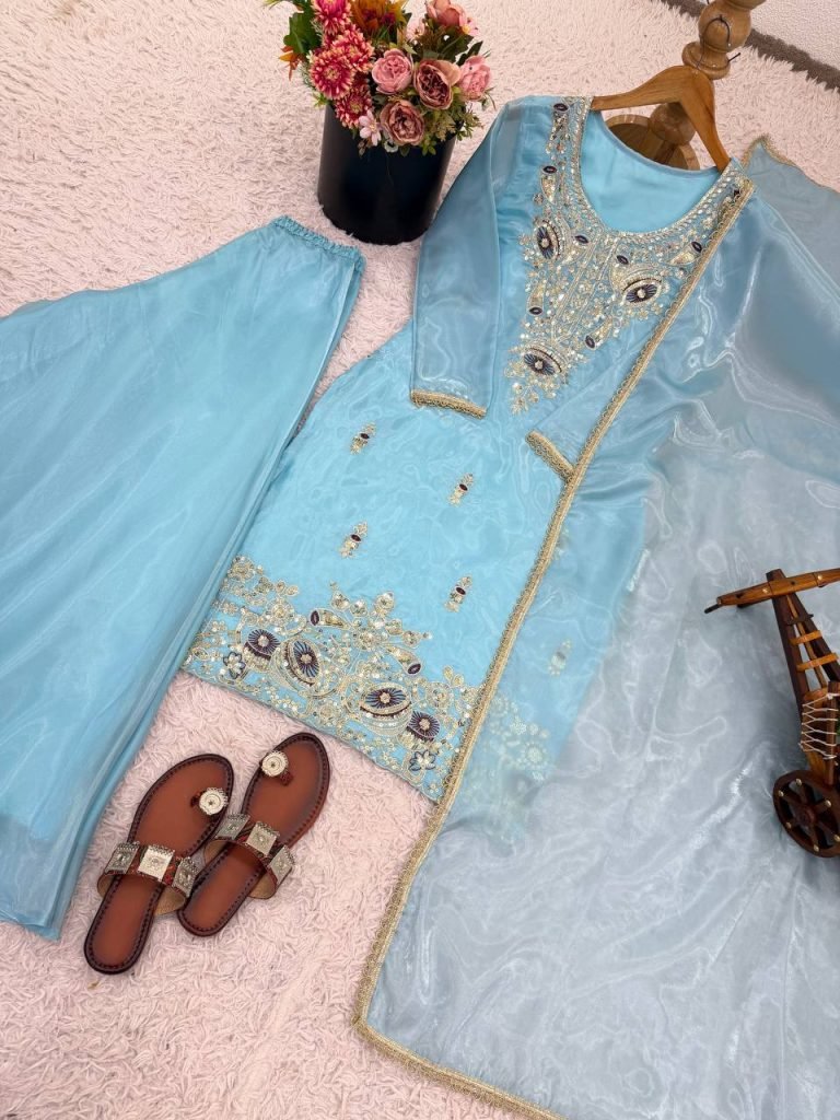 Sky blue pure silky silk with embroidery sequence work top bottom and dupatta set