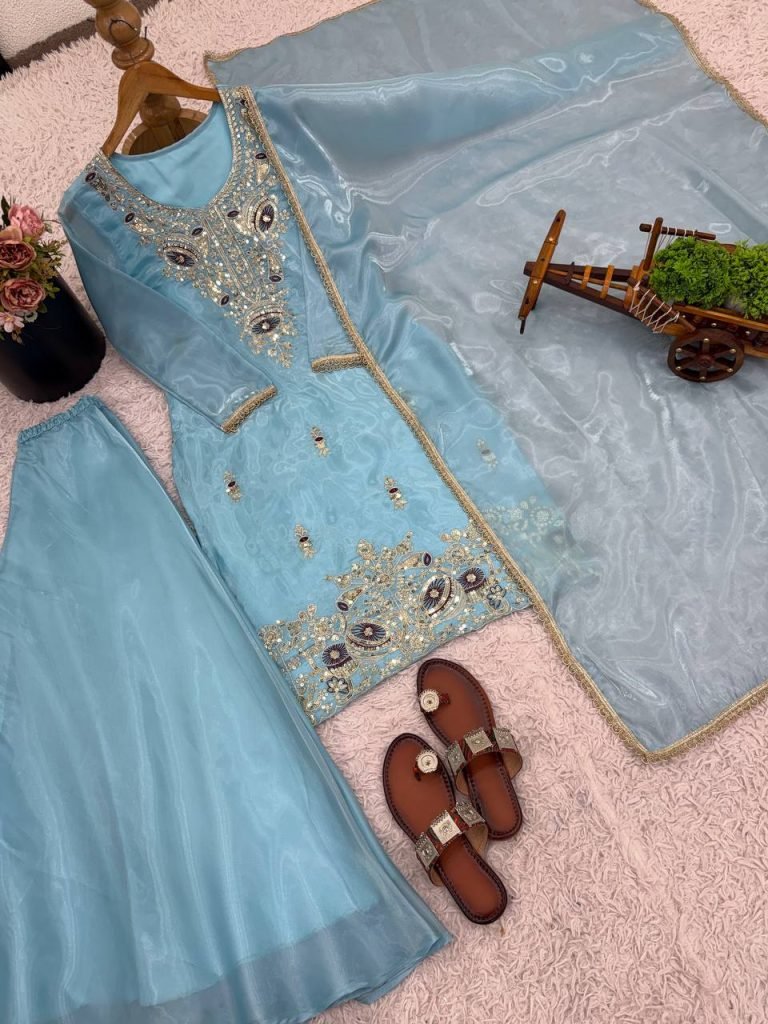 Sky blue pure silky silk with embroidery sequence work top bottom and dupatta set