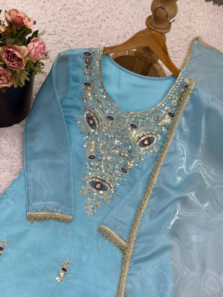 Sky blue pure silky silk with embroidery sequence work top bottom and dupatta set