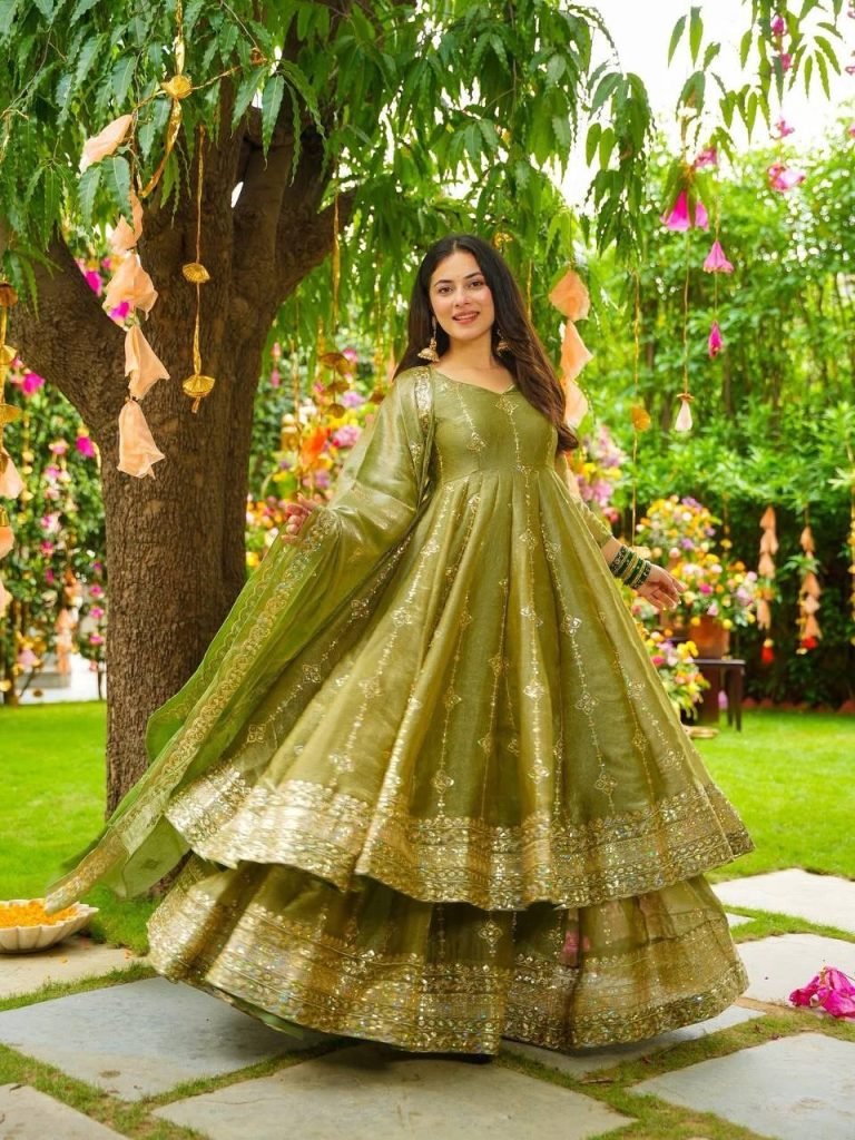 Mehndi heavy crunchy silk with heavy embroidery sequence work women’s ethnic wear
