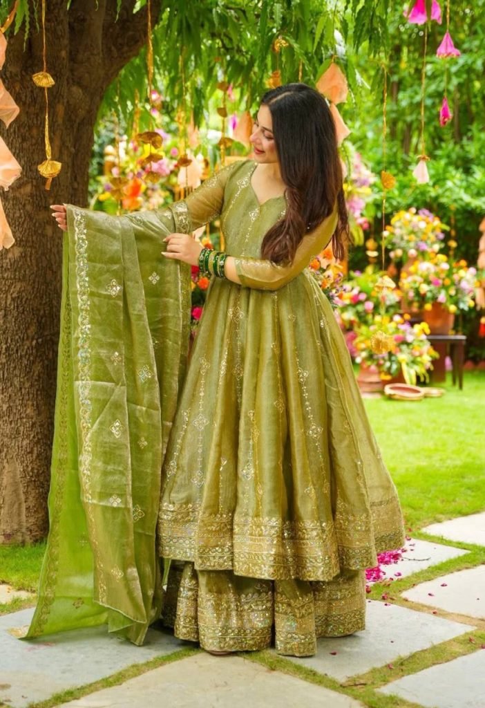 Mehndi heavy crunchy silk with heavy embroidery sequence work women’s ethnic wear