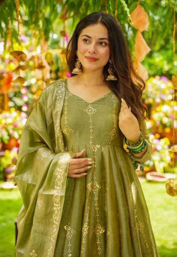 Mehndi heavy crunchy silk with heavy embroidery sequence work women’s ethnic wear