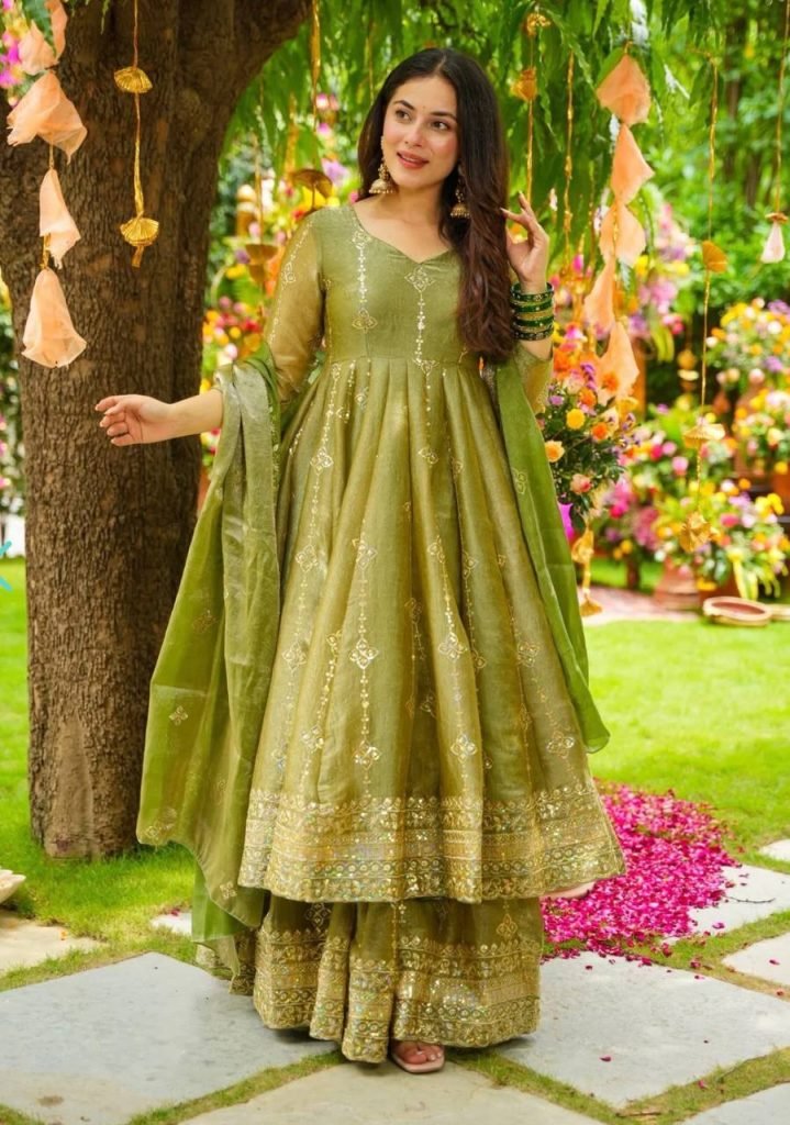 Mehndi heavy crunchy silk with heavy embroidery sequence work women’s ethnic wear