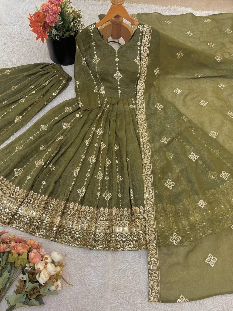 Mehndi heavy crunchy silk with heavy embroidery sequence work women’s ethnic wear