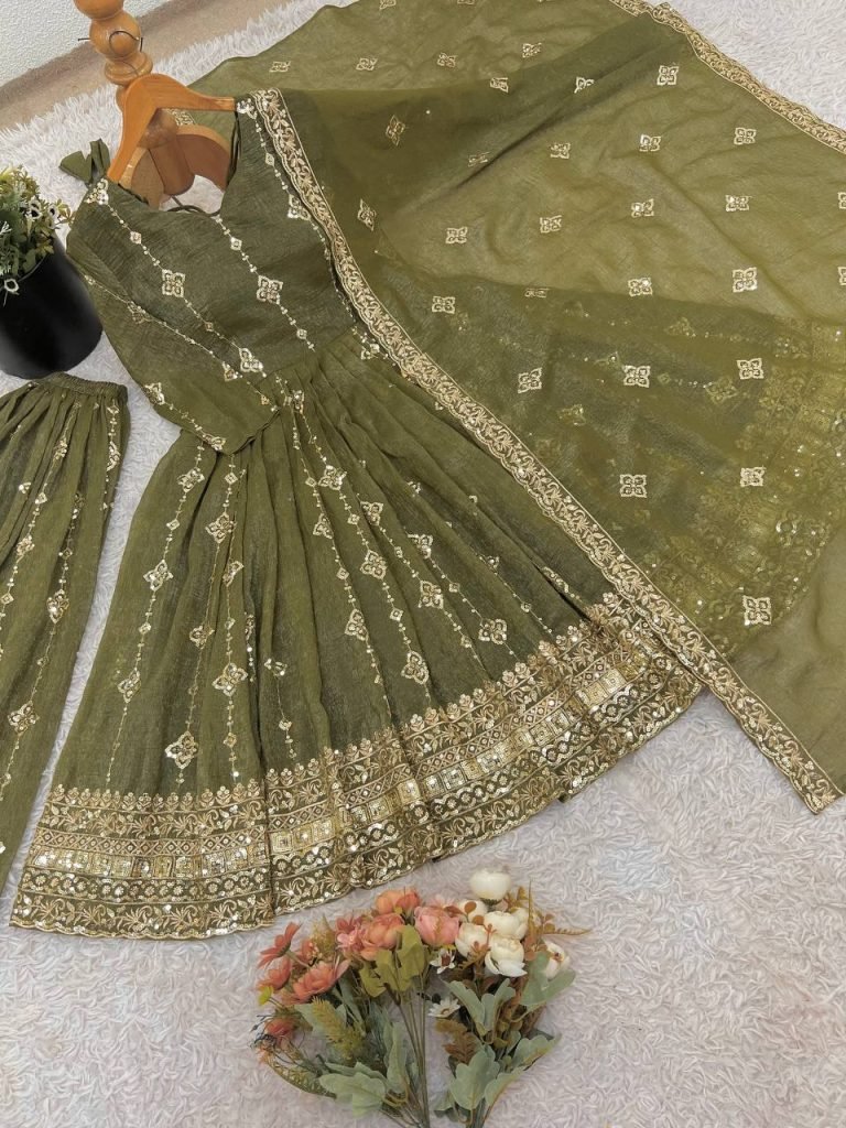 Mehndi heavy crunchy silk with heavy embroidery sequence work women’s ethnic wear