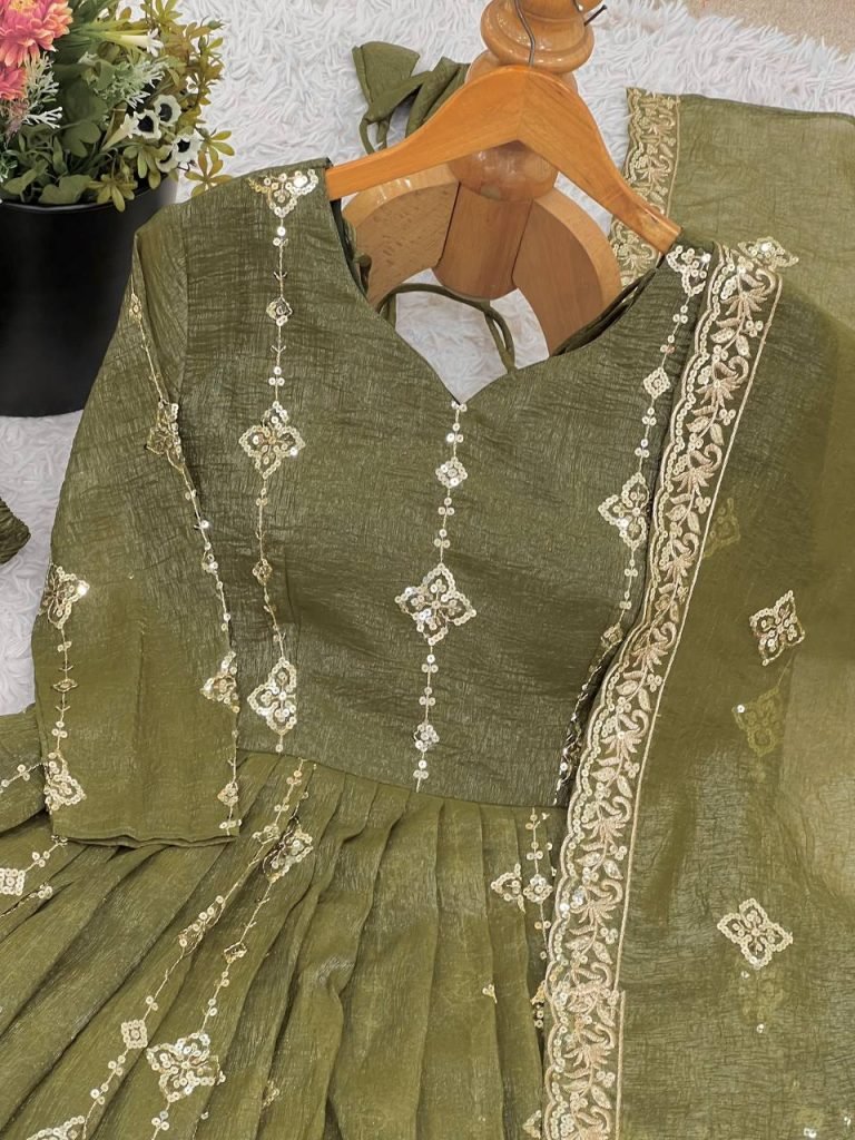 Mehndi heavy crunchy silk with heavy embroidery sequence work women’s ethnic wear