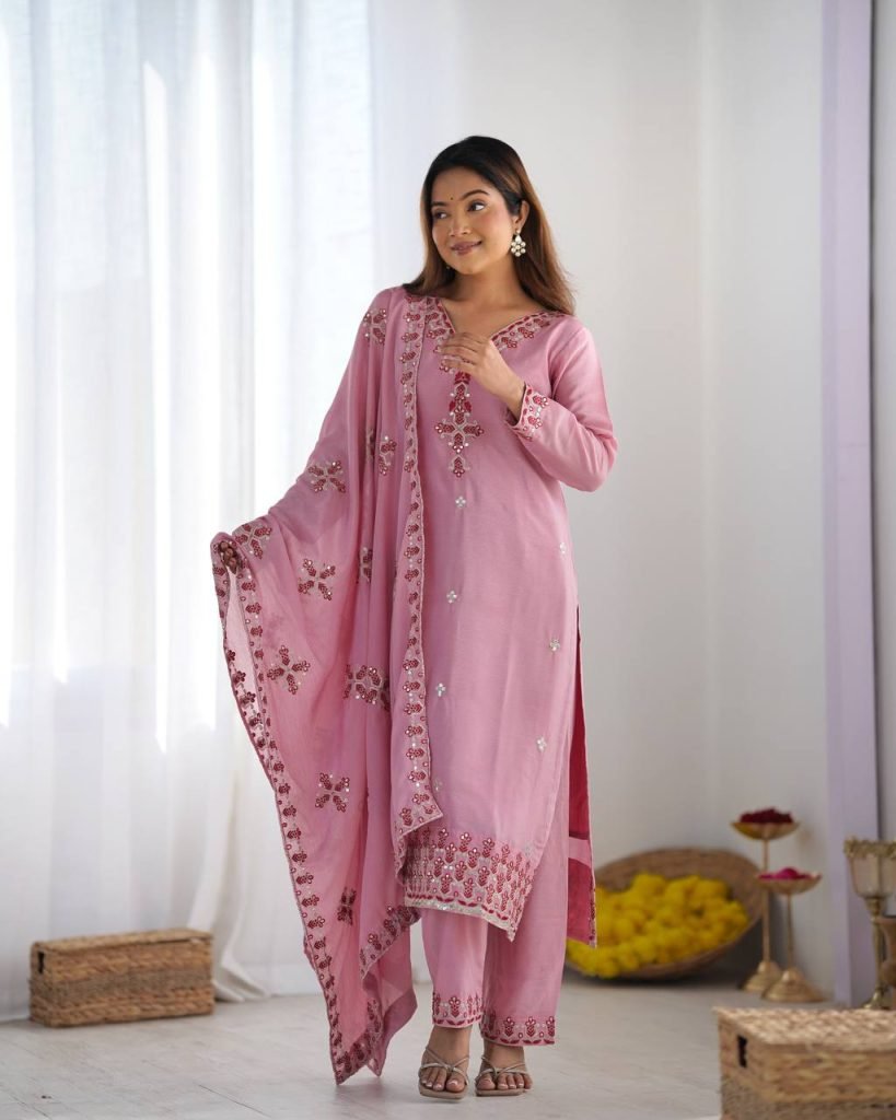 Pink heavy pure chinon silk heavy embroidery work party wear look top-bottom and dupatta