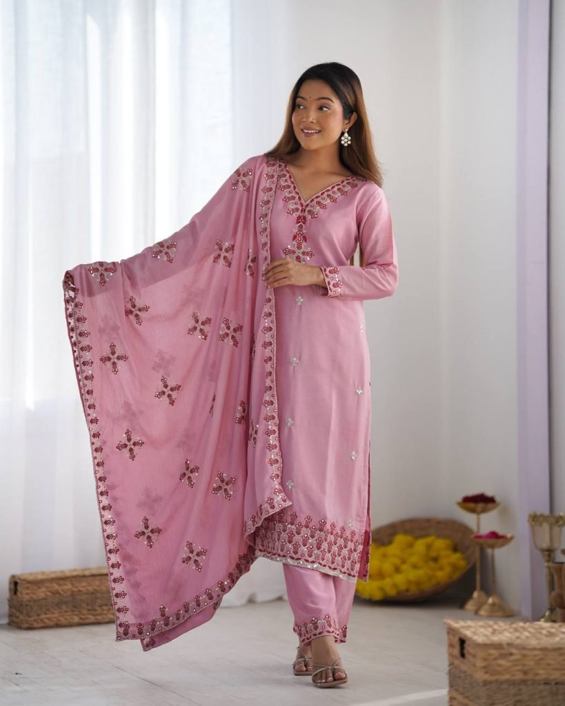 Pink heavy pure chinon silk heavy embroidery work party wear look top-bottom and dupatta
