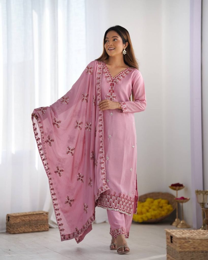 Pink heavy pure chinon silk heavy embroidery work party wear look top-bottom and dupatta