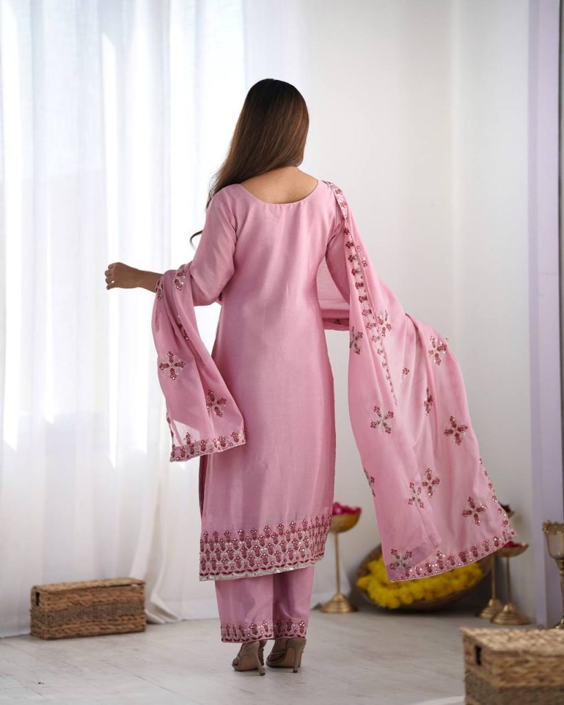 Pink heavy pure chinon silk heavy embroidery work party wear look top-bottom and dupatta