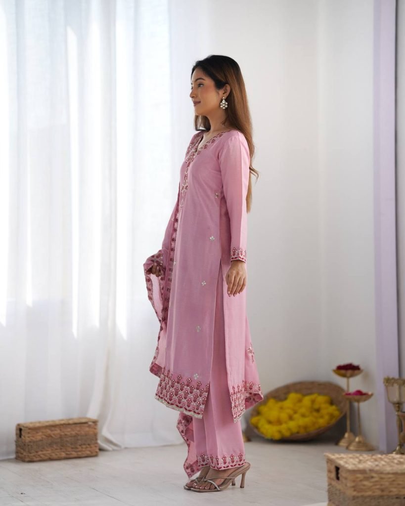 Pink heavy pure chinon silk heavy embroidery work party wear look top-bottom and dupatta