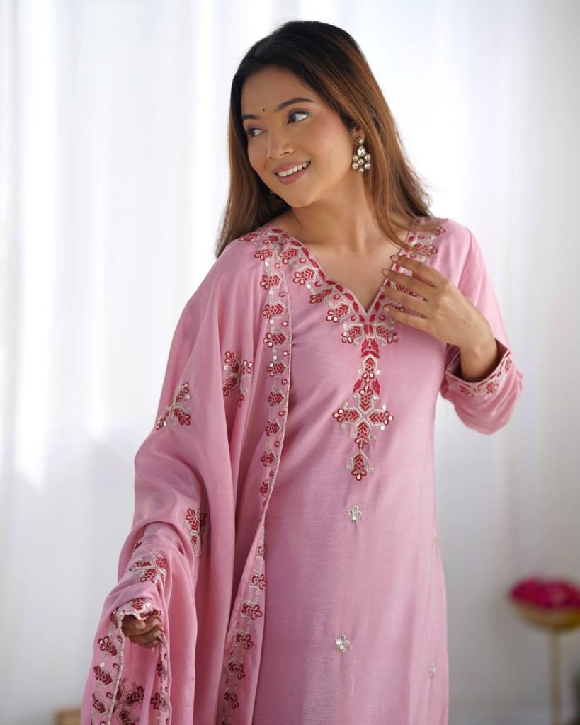 Pink heavy pure chinon silk heavy embroidery work party wear look top-bottom and dupatta