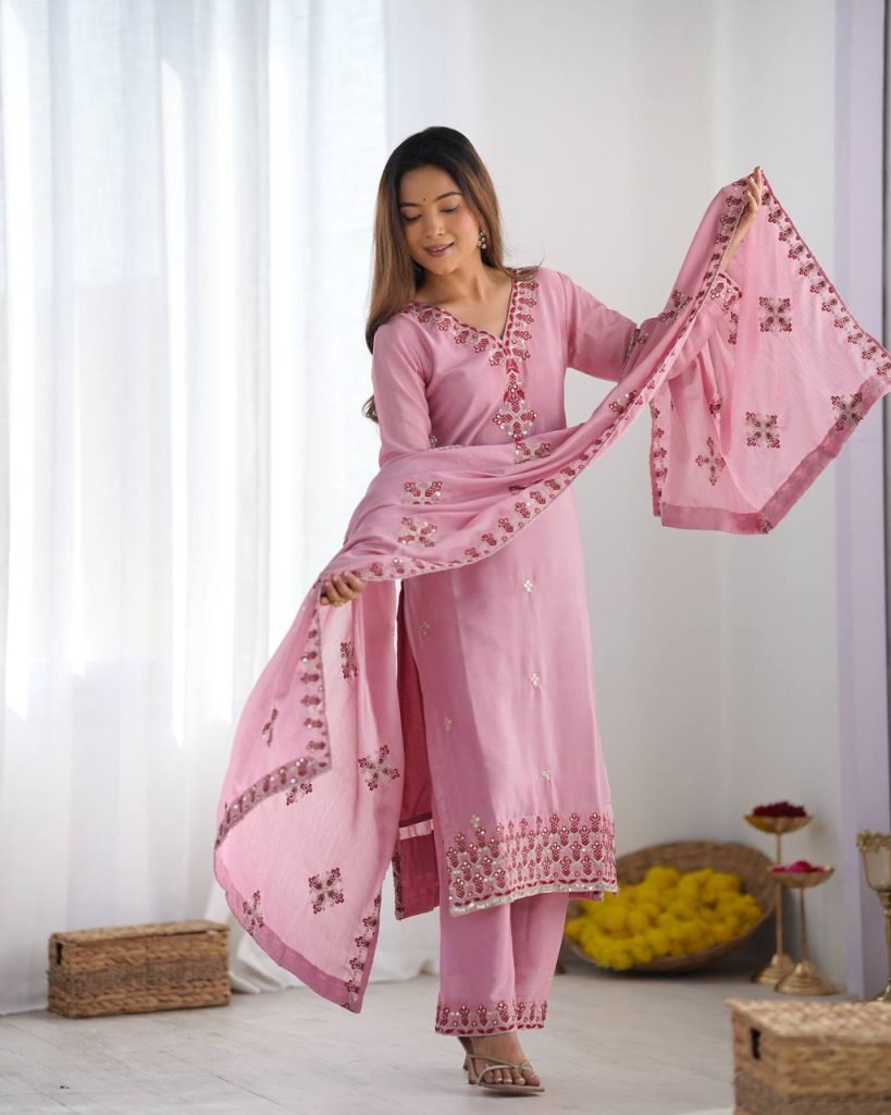 Pink heavy pure chinon silk heavy embroidery work party wear look top-bottom and dupatta