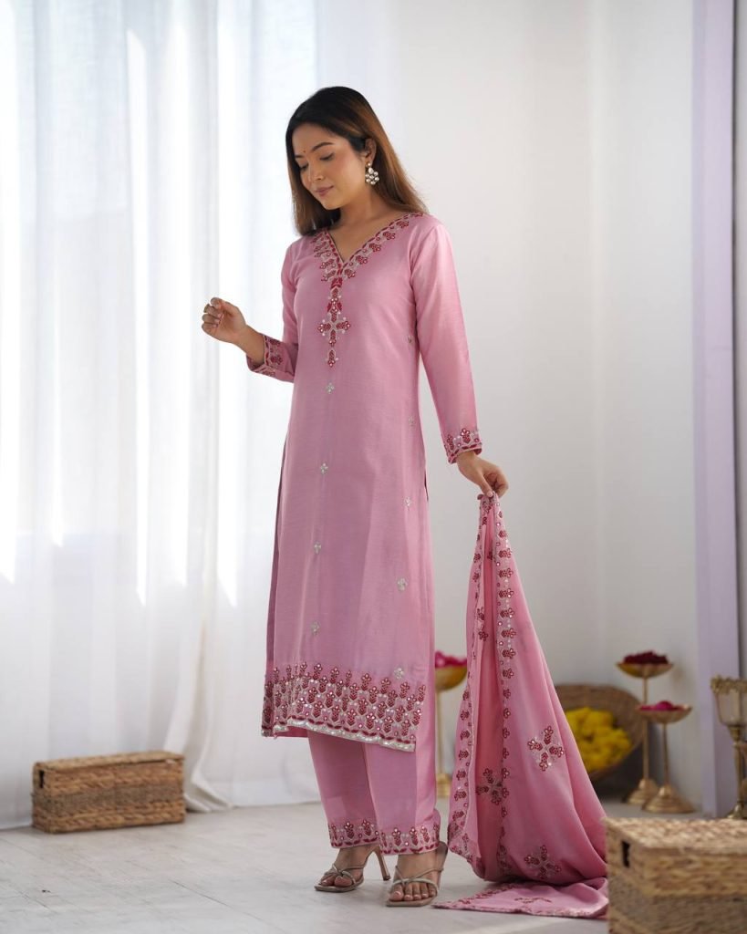 Pink heavy pure chinon silk heavy embroidery work party wear look top-bottom and dupatta