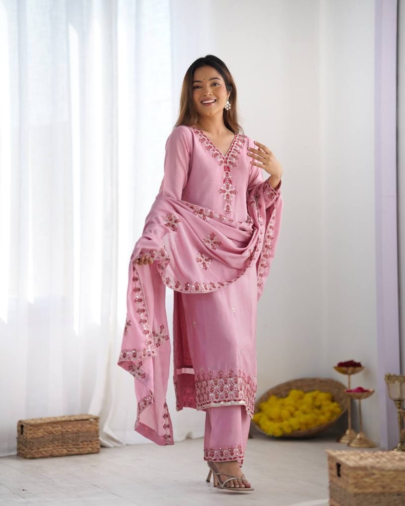 Pink heavy pure chinon silk heavy embroidery work party wear look top-bottom and dupatta