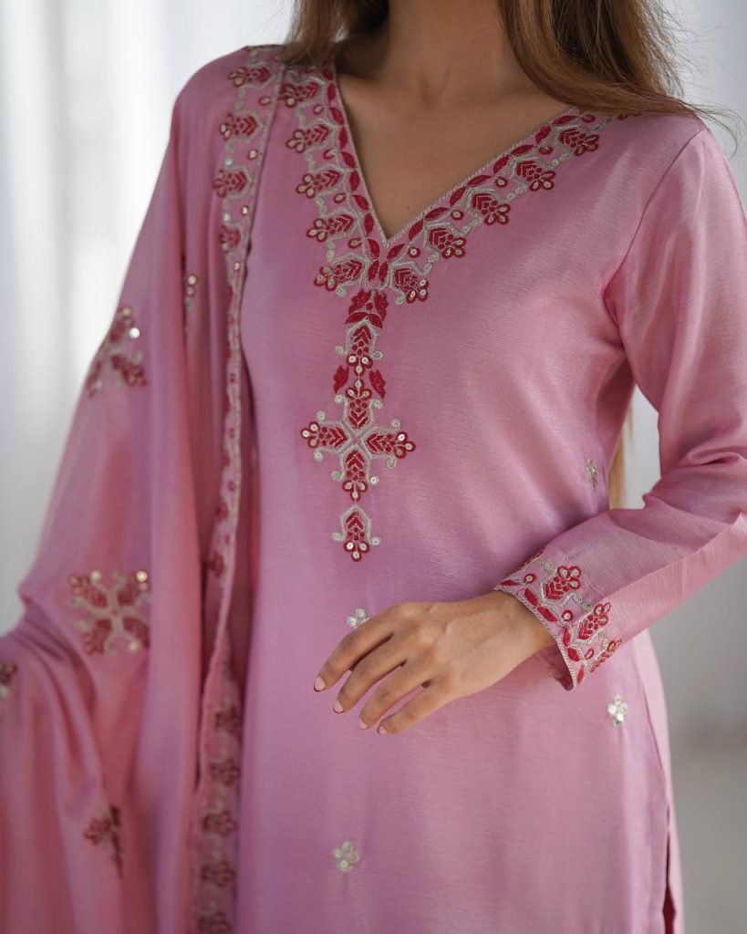 Pink heavy pure chinon silk heavy embroidery work party wear look top-bottom and dupatta