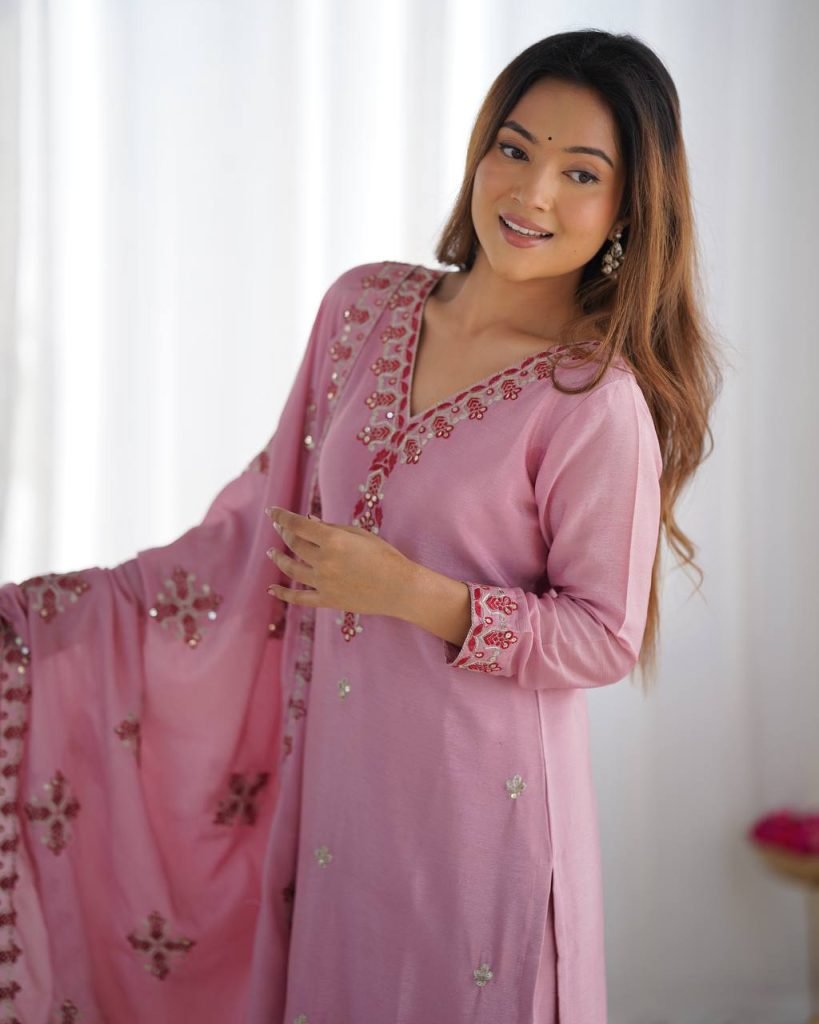Pink heavy pure chinon silk heavy embroidery work party wear look top-bottom and dupatta