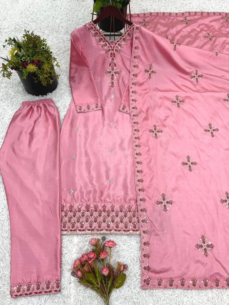 Pink heavy pure chinon silk heavy embroidery work party wear look top-bottom and dupatta