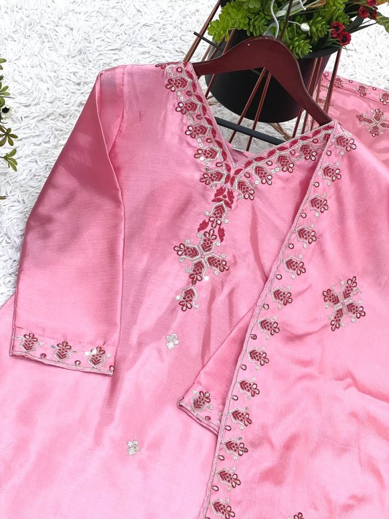 Pink heavy pure chinon silk heavy embroidery work party wear look top-bottom and dupatta
