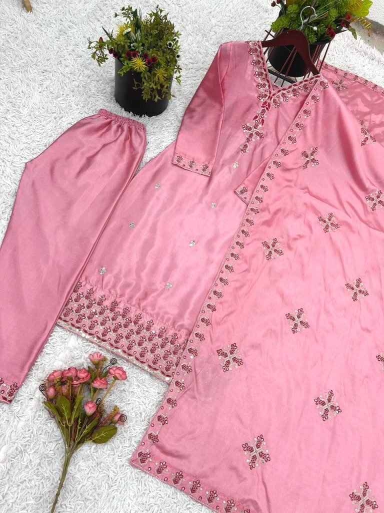 Pink heavy pure chinon silk heavy embroidery work party wear look top-bottom and dupatta