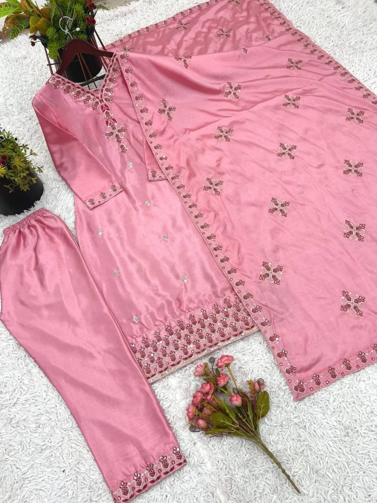 Pink heavy pure chinon silk heavy embroidery work party wear look top-bottom and dupatta