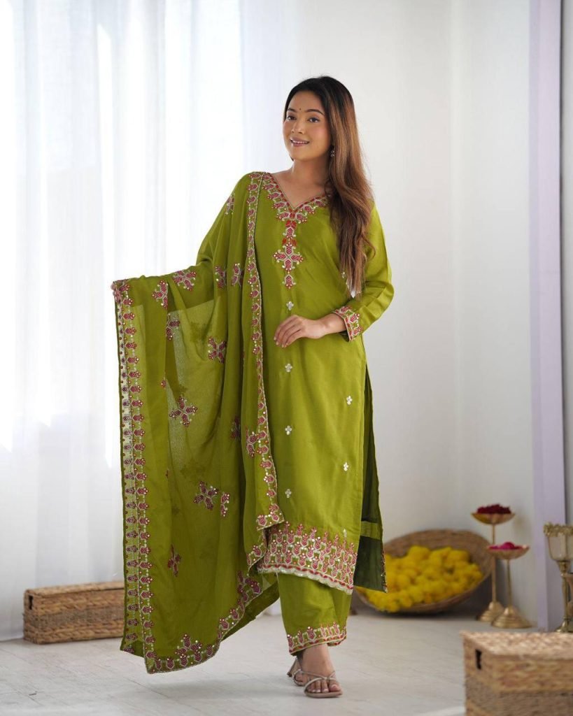 Green heavy pure chinon silk heavy embroidery work party wear look top-bottom and dupatta