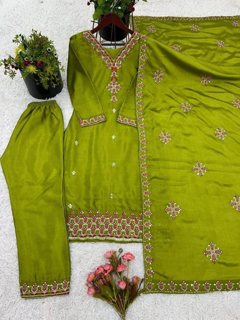 Green heavy pure chinon silk heavy embroidery work party wear look top-bottom and dupatta