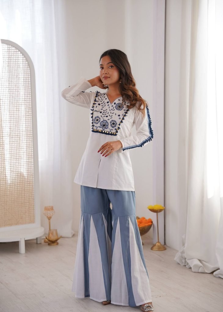 White pure roman silk hand work embroidery work festival co-ord set
