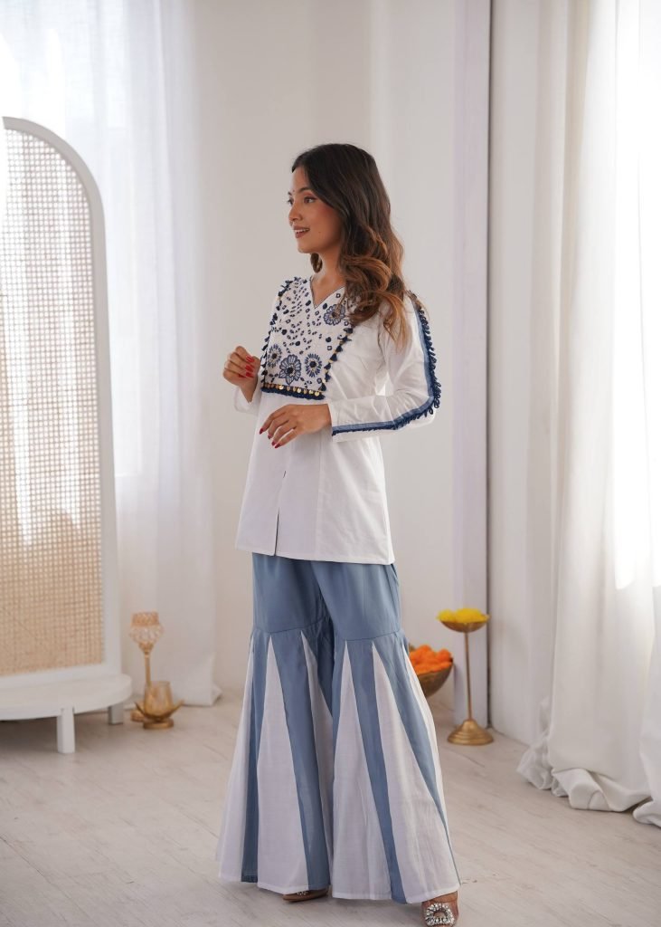 White pure roman silk hand work embroidery work festival co-ord set