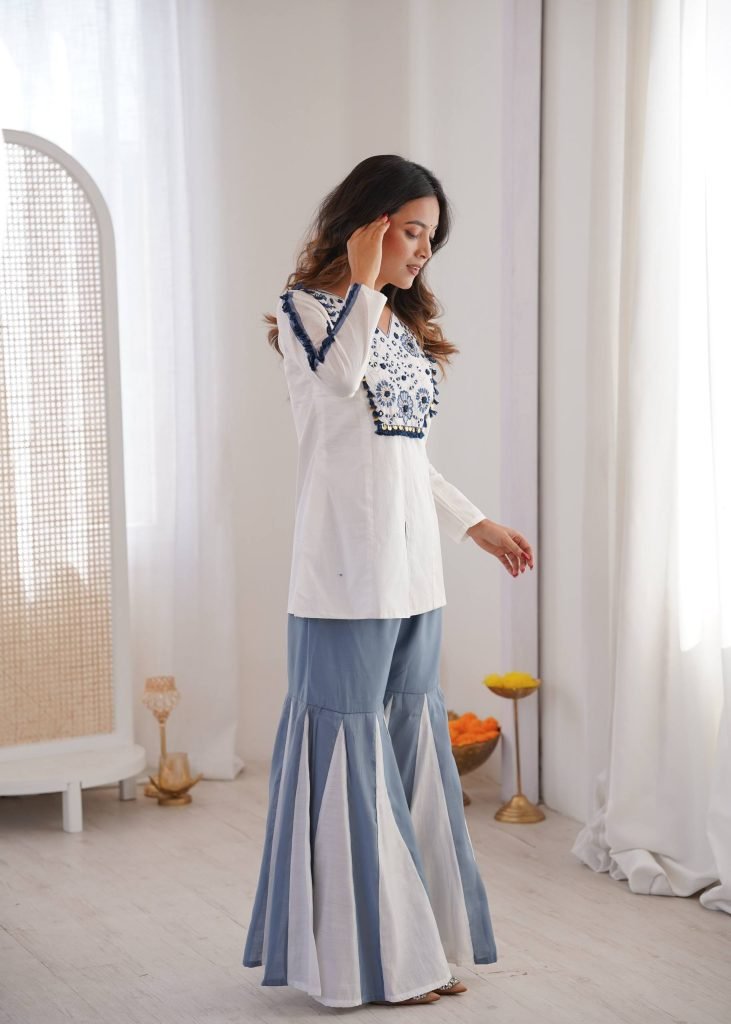 White pure roman silk hand work embroidery work festival co-ord set
