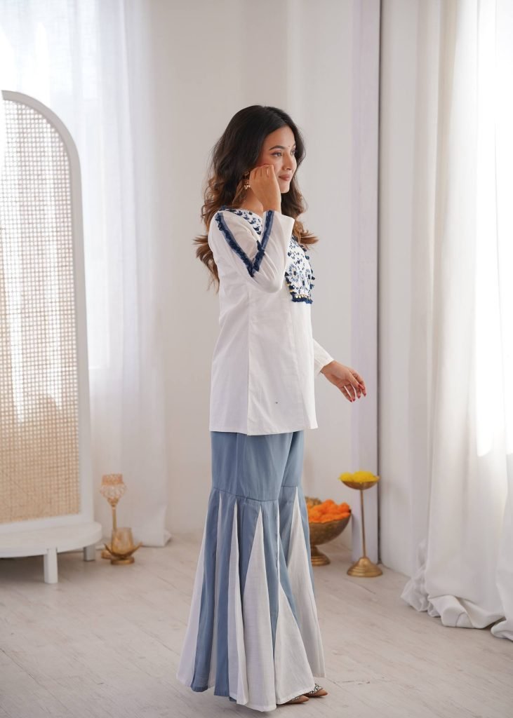 White pure roman silk hand work embroidery work festival co-ord set