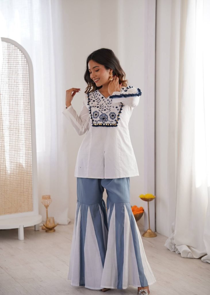 White pure roman silk hand work embroidery work festival co-ord set