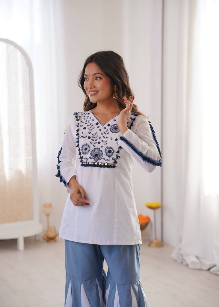 White pure roman silk hand work embroidery work festival co-ord set