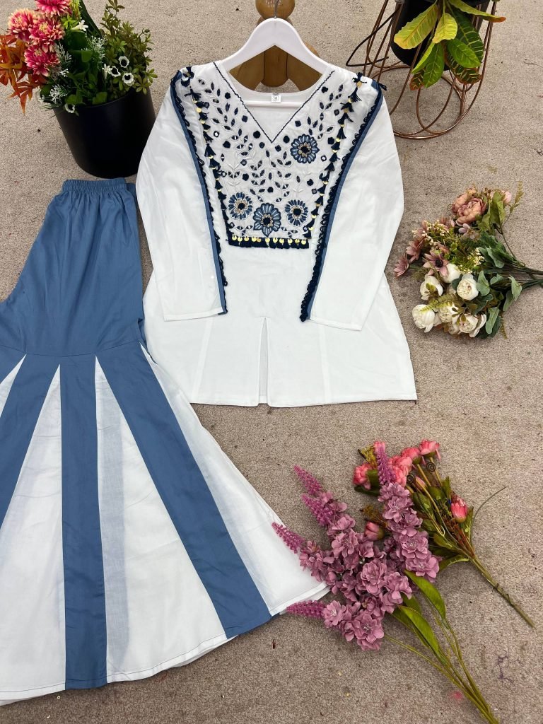 White pure roman silk hand work embroidery work festival co-ord set
