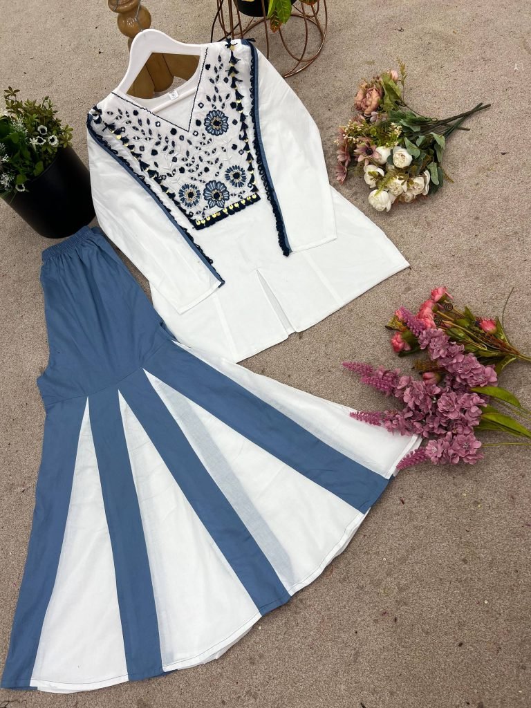 White pure roman silk hand work embroidery work festival co-ord set
