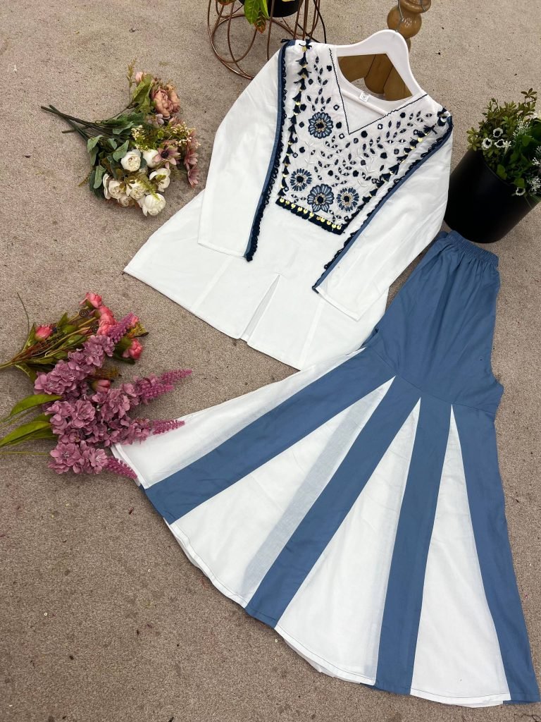 White pure roman silk hand work embroidery work festival co-ord set