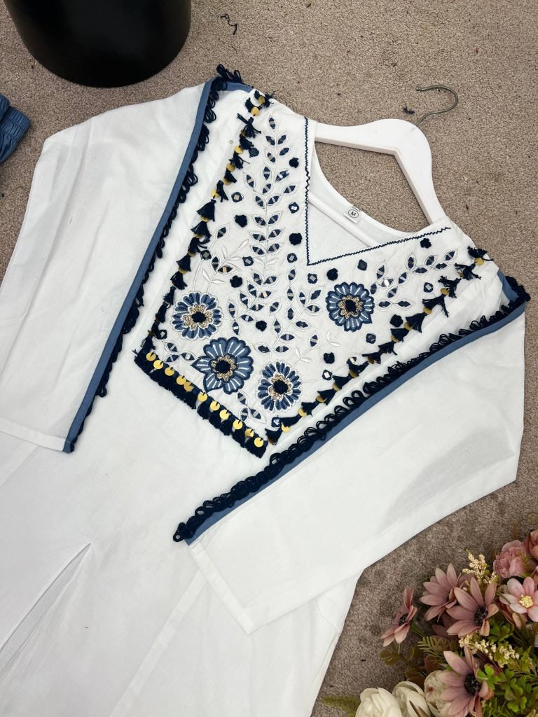 White pure roman silk hand work embroidery work festival co-ord set