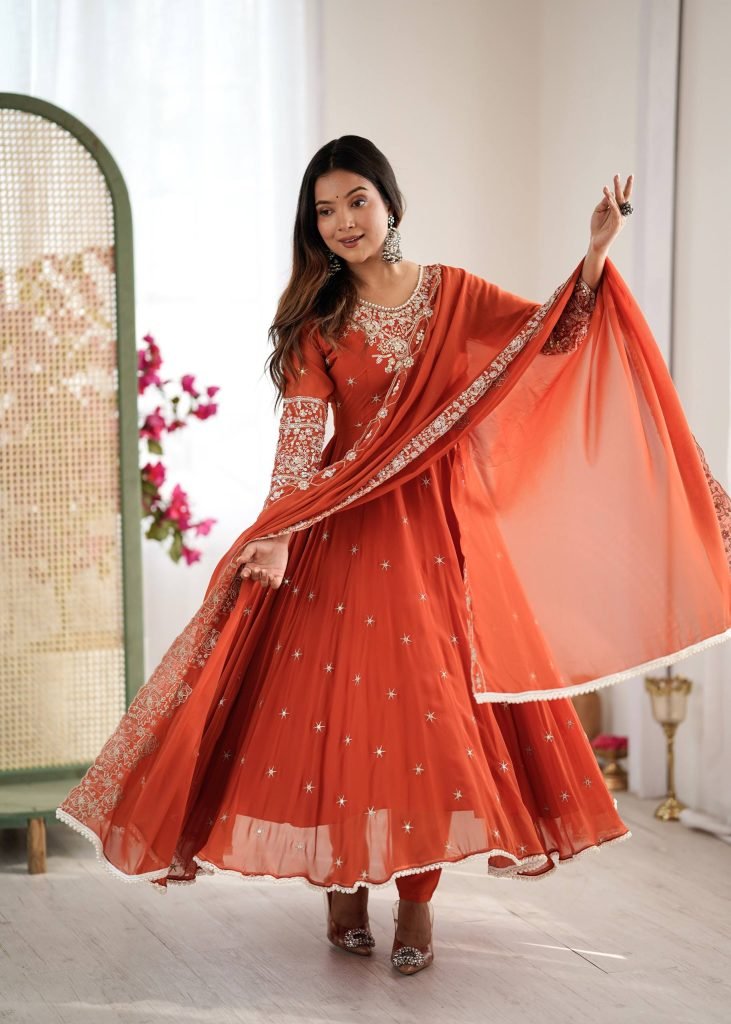 Orange heavy blooming faux embroidered anarkali three piece set