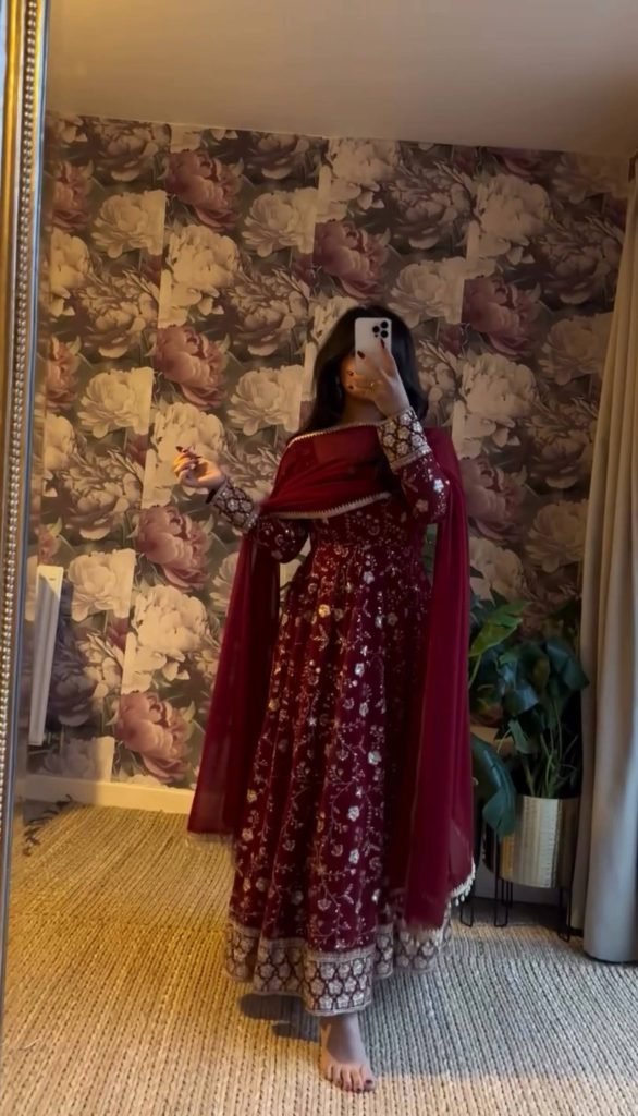 Red faux georgette embroidery sequence work anarkali three piece set