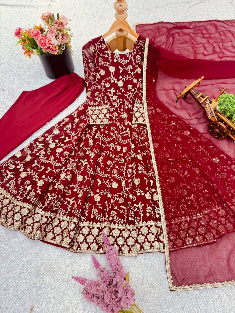 Red faux georgette embroidery sequence work anarkali three piece set