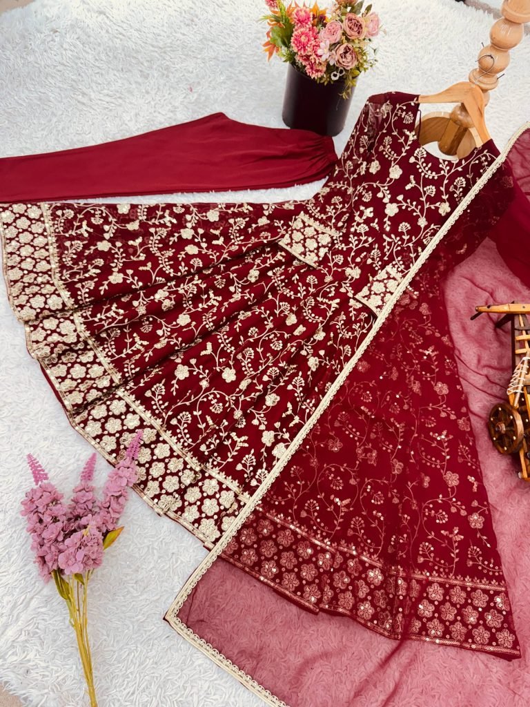 Red faux georgette embroidery sequence work anarkali three piece set