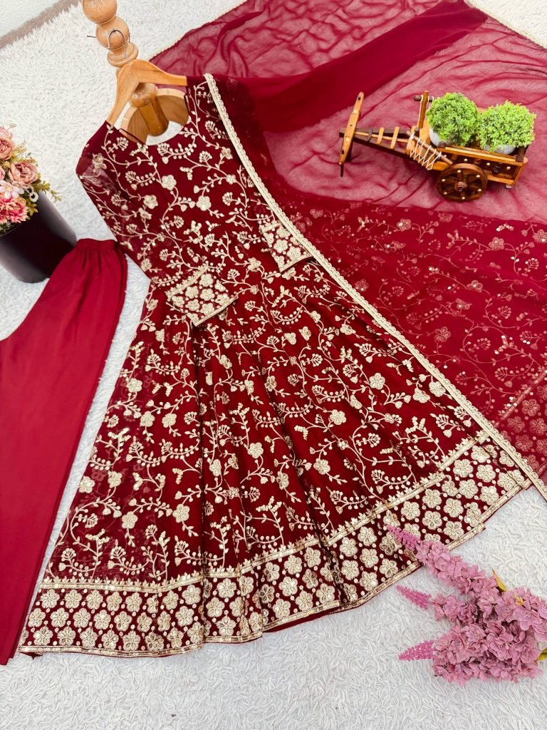 Red faux georgette embroidery sequence work anarkali three piece set