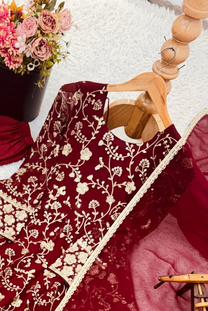 Red faux georgette embroidery sequence work anarkali three piece set