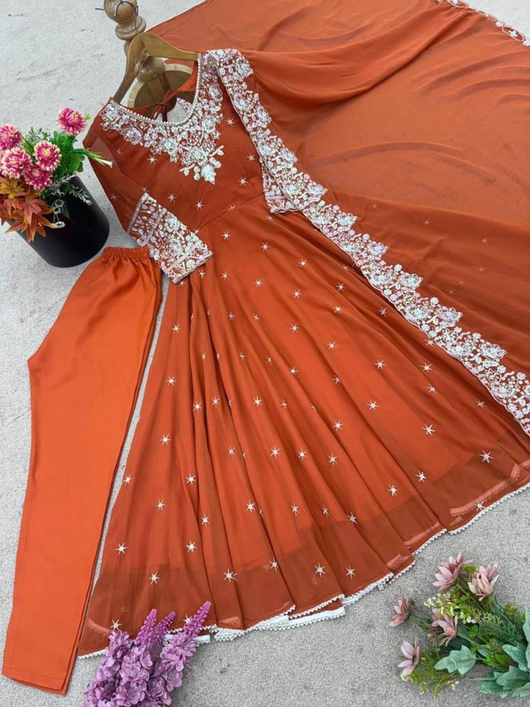 Orange heavy blooming faux embroidered anarkali three piece set