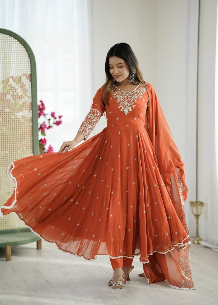 Orange heavy blooming faux embroidered anarkali three piece set